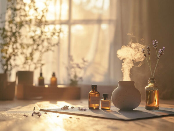 Duftlampe mit ätherischen Ölen in einem ruhigen Raum für Aromatherapie und Entspannung