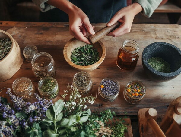 Zubereitung von Heilpflanzen in der Küche, frische Kräuter, Tees und Salben