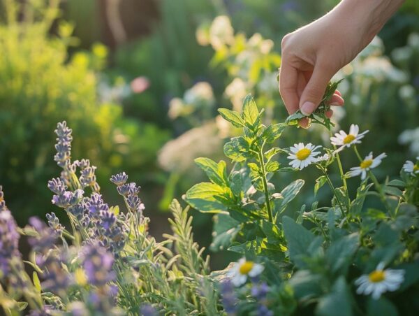 Heilpflanzen im grünen Garten, Kamille, Lavendel, Pfefferminze und Ringelblume