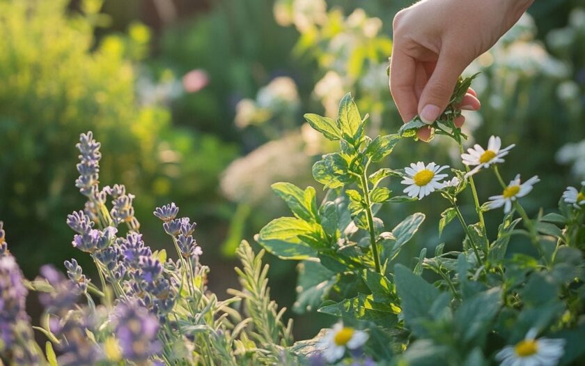 Heilpflanzen im grünen Garten, Kamille, Lavendel, Pfefferminze und Ringelblume