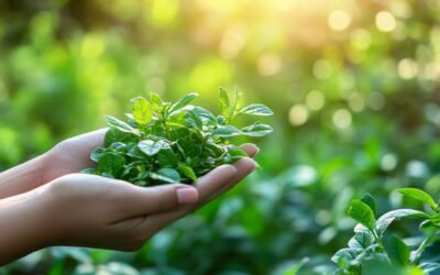 Hände halten frische Heilkräuter in der Natur, symbolisieren Naturheilkunde bei chronischen Erkrankungen