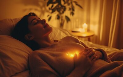 Person bei Selbst-Reiki im Bett zur Verbesserung des Schlafs und Wohlbefindens