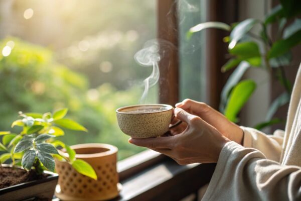 Nahaufnahme von Händen, die eine dampfende Tasse Tee halten, mit natürlichem Licht und Pflanzen im Hintergrund – Symbol für Achtsamkeit und das Jetzt.