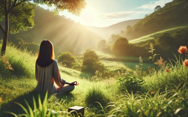 Person meditiert auf einer Wiese in der Natur, um spirituelles Wachstum zu fördern.