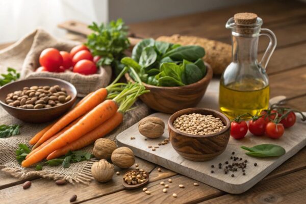 Frische Gemüse, Vollkornprodukte, Nüsse und Kräuter auf einem Holztisch, die die Grundprinzipien der naturheilkundlichen Ernährung darstellen.