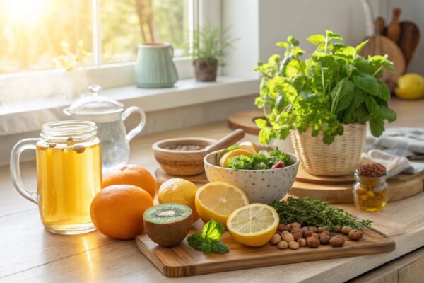 Frische Lebensmittel zur Stärkung des Immunsystems: Orangen, Zitronen, Kräutertee, Honig, Nüsse und Wasser mit Minze auf einem Holzbrett.