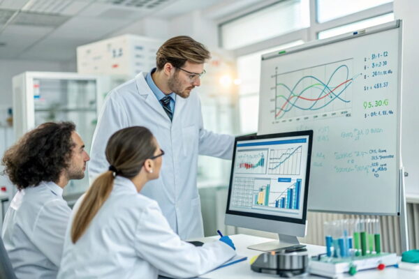 Wissenschaftler analysieren Daten zu Energieheilung mit Diagrammen und Energiefluss-Visualisierungen in einem modernen Forschungslabor.