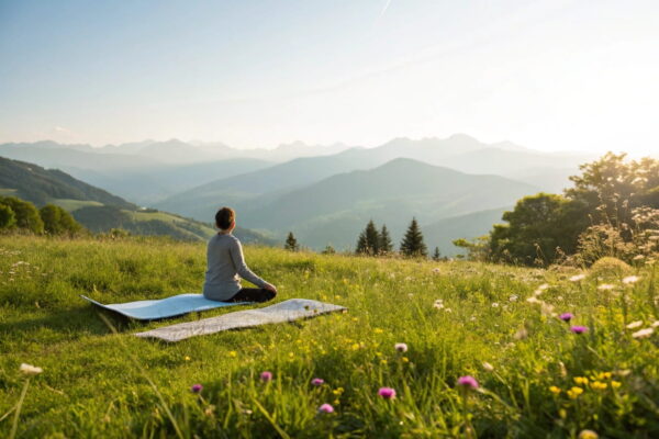 Person meditiert auf einer Yogamatte inmitten einer grünen Wiese, umgeben von Blumen und Bergen, symbolisiert die Vorteile spiritueller Retreats.