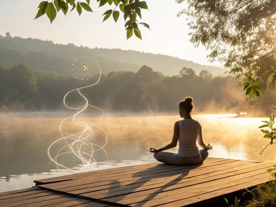 Person meditiert bei Sonnenaufgang am See, symbolisiert spirituelle Detox-Methoden.