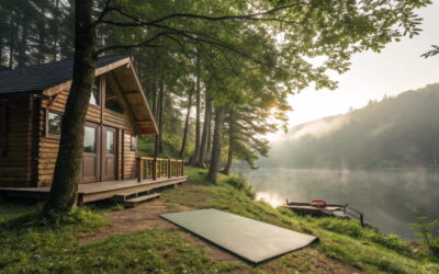 Ruhiger Ort für spirituelle Retreats mit Holzhütte, Yogamatte und friedlichem See, umgeben von Natur.