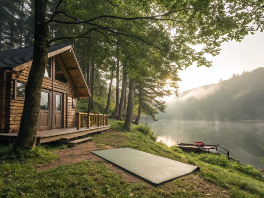 Ruhiger Ort für spirituelle Retreats mit Holzhütte, Yogamatte und friedlichem See, umgeben von Natur.
