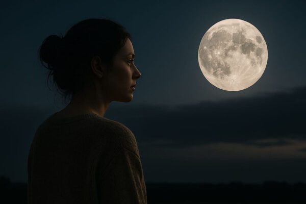 Vollmond – Zeit der Erkenntnis und emotionalen Klarheit Frau betrachtet den Vollmond als Symbol für Erkenntnis und Energie