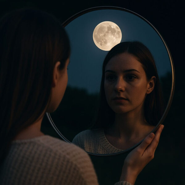 Der Vollmond als Spiegel für Innenschau und Selbsterkenntnis Frau schaut bei Vollmond in einen Spiegel und erkennt sich selbst