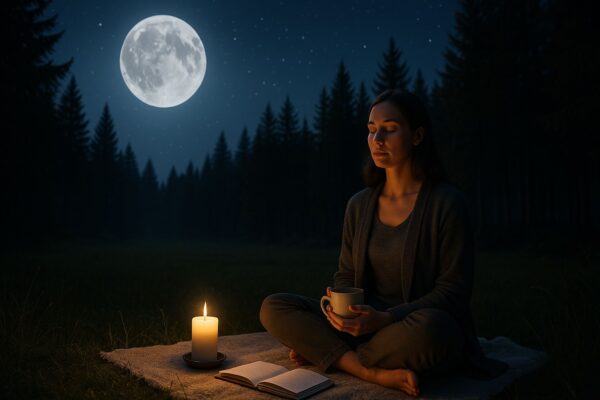 Achtsamkeit unter dem Vollmond – Rituale für bewusste Vollmondnächte Frau meditiert achtsam bei Vollmond im Wald mit Kerze und Notizbuch