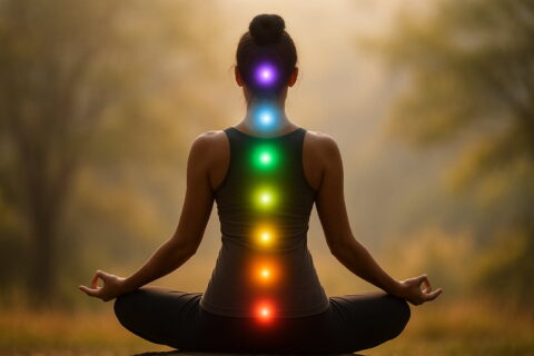 Meditierende Person mit leuchtenden Chakren entlang der Wirbelsäule