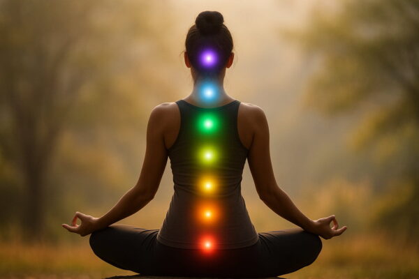 Meditierende Person mit leuchtenden Chakren entlang der Wirbelsäule