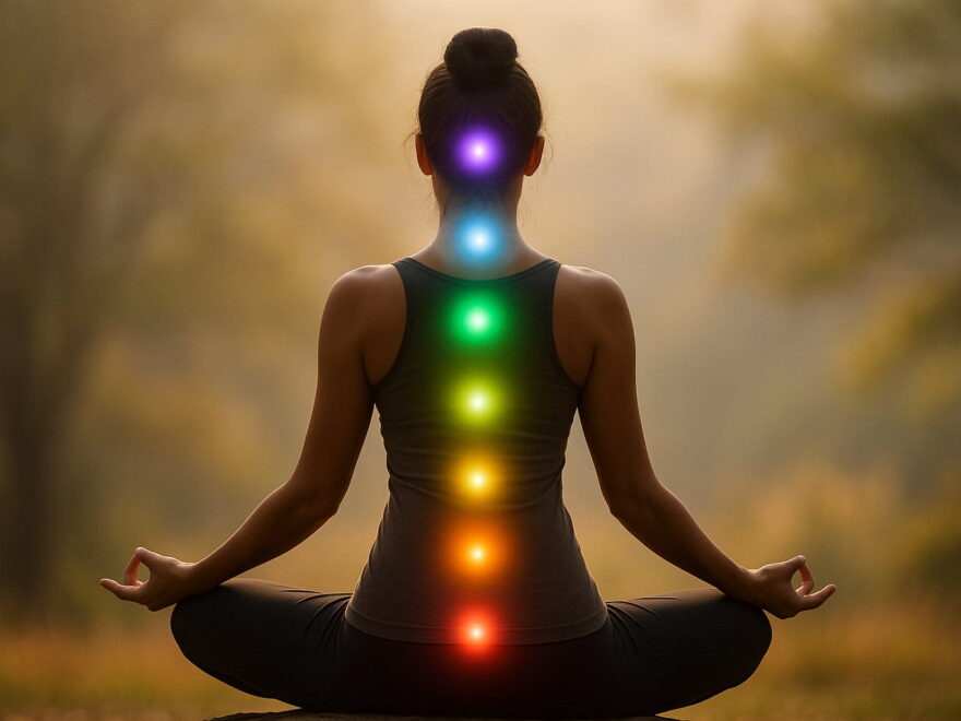 Meditierende Person mit leuchtenden Chakren entlang der Wirbelsäule
