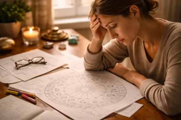 Typische Fehler bei der Deutung des Solar Return erkennen Nachdenkliche Analyse eines Solar-Return-Horoskops mit Fokus auf typische Deutungsfehler